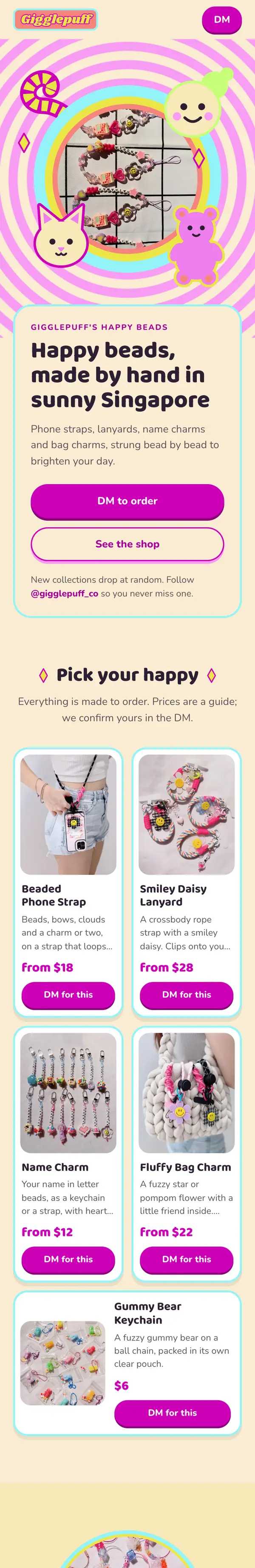 Gigglepuff's Happy Beads homepage design on a phone