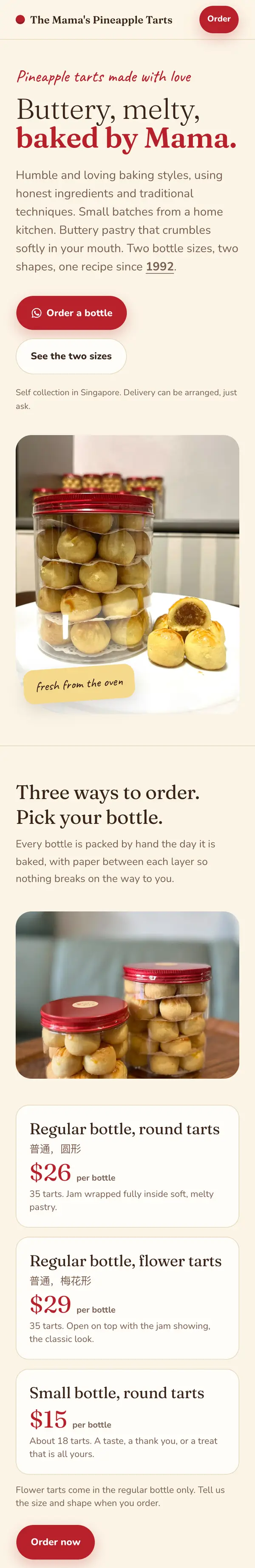 The Mama's Pineapple Tarts homepage on a phone